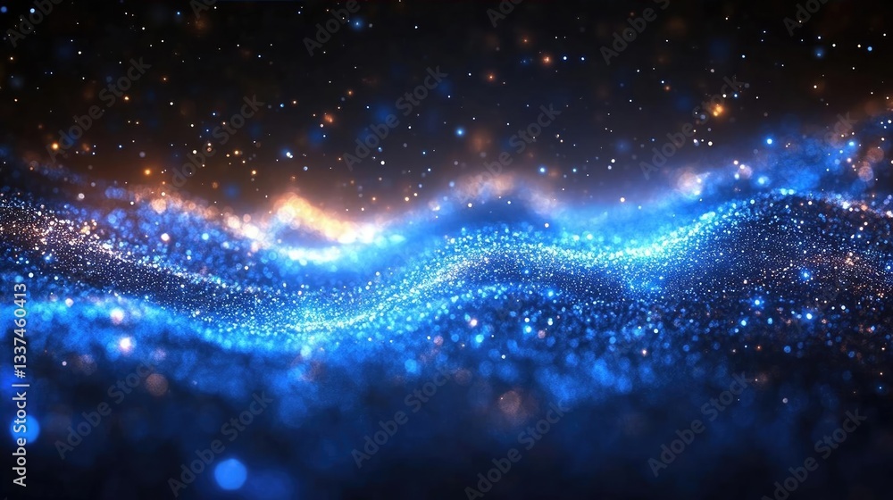 Poster abstract cosmic landscape with shimmering blue and golden particles creating a wave effect