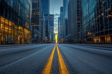 Fototapeta premium wide view photo, straight road with buildings on the wet side of the road, yellow straight line in the middle of the road, modern buildings and trees on the side of the road, amazing city lights