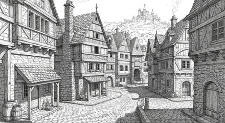Medieval European Village Line Art
