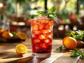 Refreshing cocktail served in a glass with ice and mint, surrounded by fresh lemons and greenery
