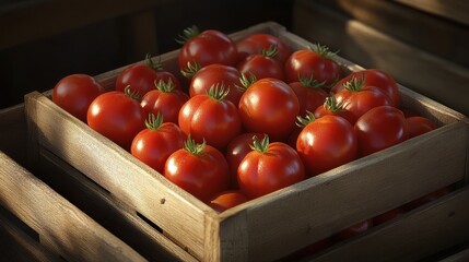 Wooden crate full of fresh tomatoes