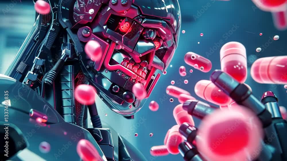 Poster exploring the intersection of technology and health in a futuristic laboratory setting