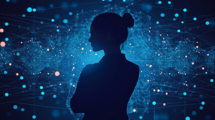 Businesswoman silhouette observing global network connections and data flow