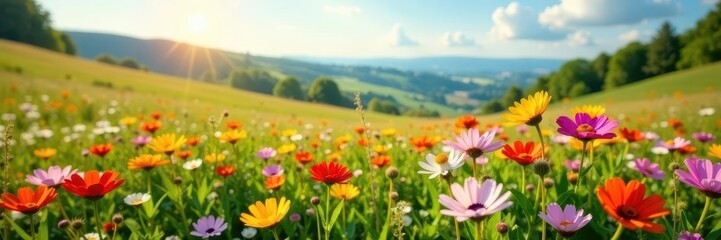 Vibrant wildflowers bloom in a sun-drenched meadow, rolling hills in the background , sky, nature