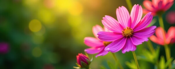 Fototapeta premium Cosmos flowers in full bloom, sunlight illuminating petals, green leaves backdrop , blossom, light