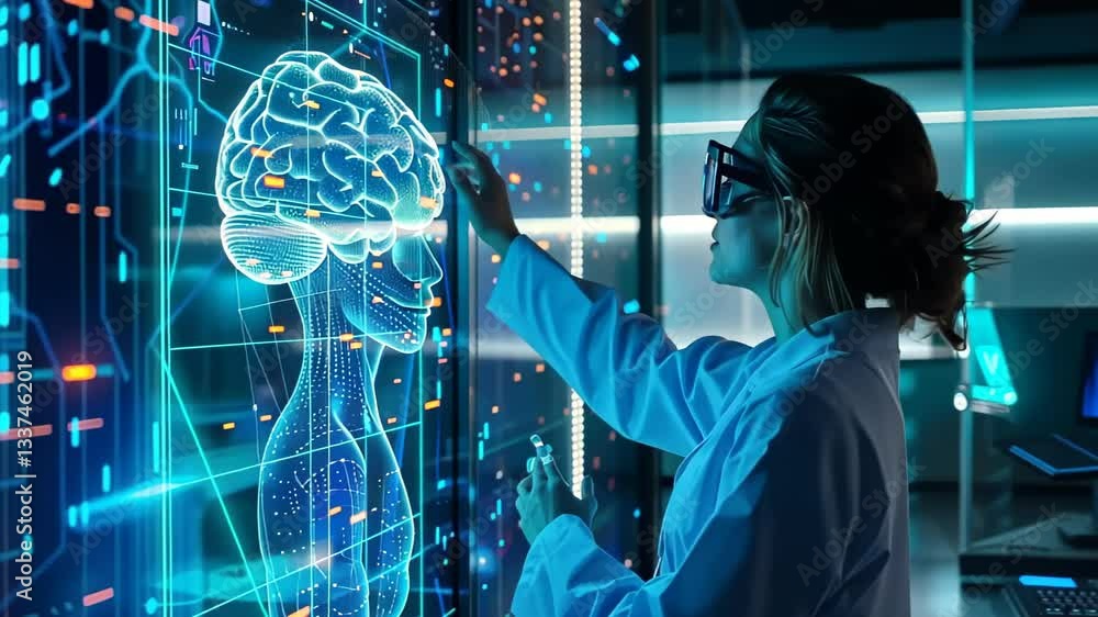 Poster exploring artificial intelligence and neuroscience through interactive technology in a modern lab