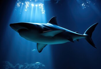 Fototapeta premium A massive great white shark silhouetted against the dark, ominous depths of a fish tank, sea, dramatic lighting