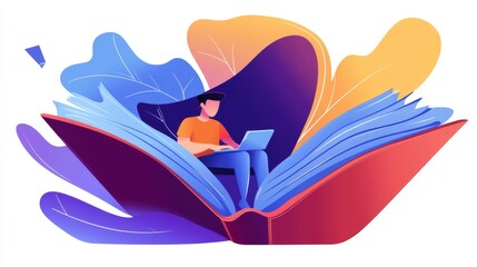 Creative Writer Immersed in Thought While Crafting Content on a Laptop Amidst Open Book Imagery