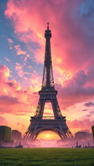 Iconic tower in city center at sunset. The sky is a vibrant mix of pink and purple. The scene evokes beauty and history.