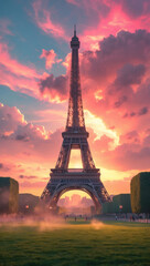 Naklejka premium Iconic landmark rises against a vibrant sunset sky, casting a soft glow over the surrounding landscape. A peaceful scene.