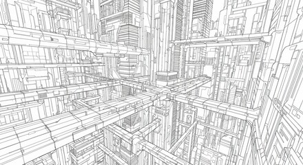 Fototapeta premium Line Sketch of a Futuristic Vertical City with Underground Extensions