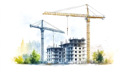 Wandcirkels Aquarelschilderij wolkenkrabber Construction cranes over building under construction, watercolor style illustration  © falikh