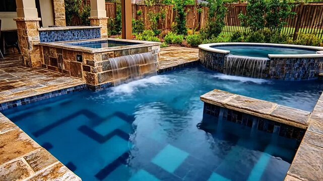 Luxury backyard pool and spa with waterfalls.