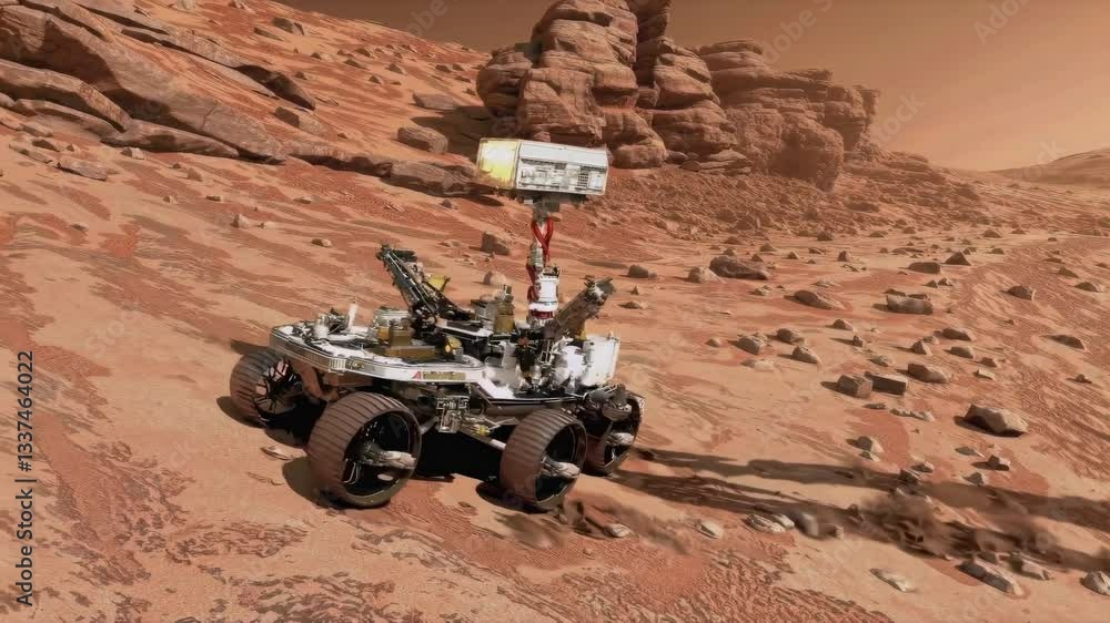 Poster robotic rover with extended sensor arm moves across rocky mars terrain with stone formations and sca