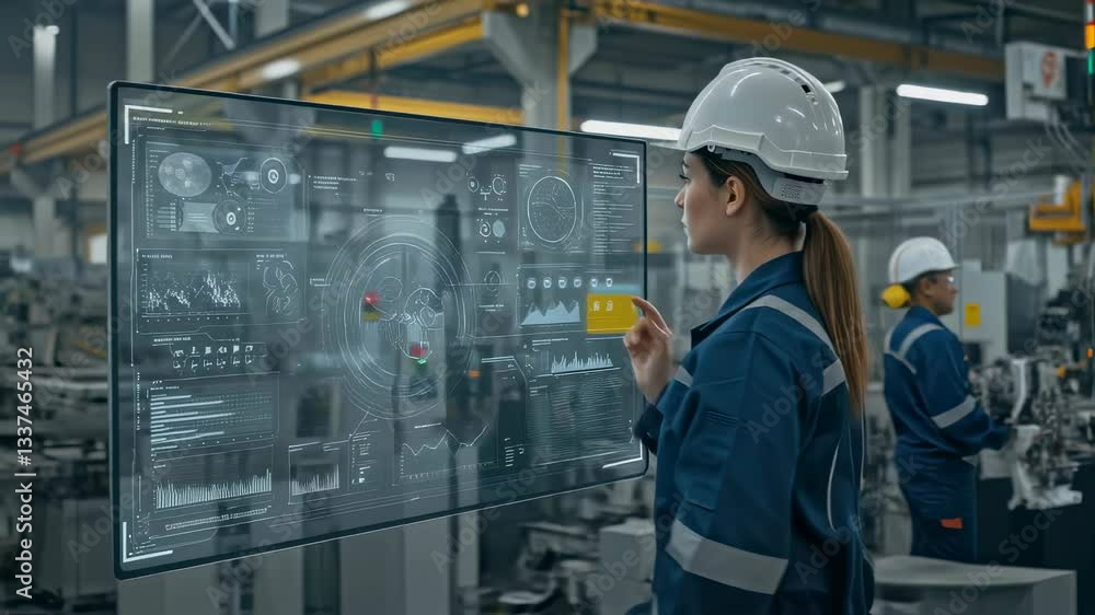 Poster woman engineer using futuristic transparent touchscreen interface in modern factory. industry 4.0 te