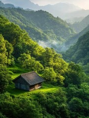 A serene wooden house nestled in lush green mountains, surrounded by misty hills and trees, creating a peaceful atmosphere, Ideal for nature themes, relaxation, or rural lifestyle projects,
