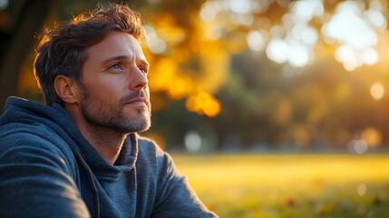 A contemplative middle-aged man sits outdoors in an autumn park, lost in thought du the golden hour sunlight.