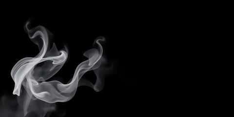 Ethereal white fog swirls and dissipates on a deep black backdrop, black background, monochrome