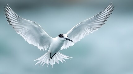 Obraz premium A majestic white tern bird with black cap soars gracefully through the air with wings fully extended in flight.