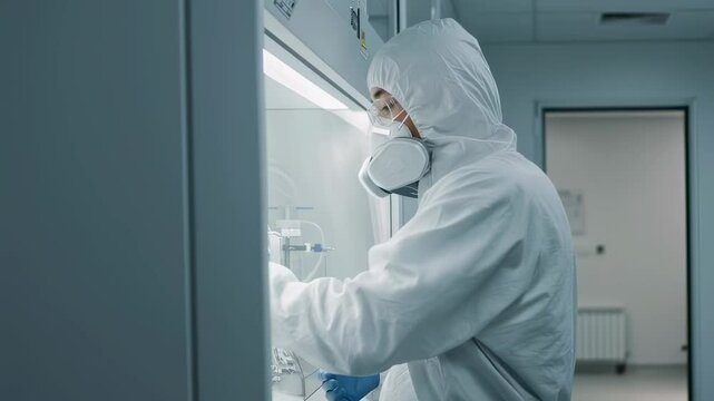 Asian scientist in protective hazmat suit working in laboratory biosafety cabinet. Medical research, virus testing, pharmaceutical development for vaccine and drug production during pandemic
