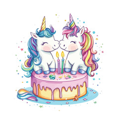Magical Cute Unicorns Surprise Birthday Celebration Vector Illustration