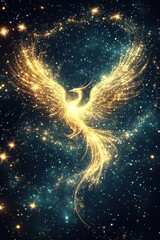 Golden phoenix flying through starry sky