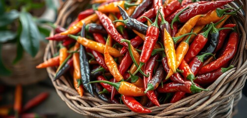 Fototapeta premium Rustic woven basket overflowing with vibrant dried chili peppers, ingredient, chili