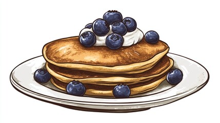 Delicious whole wheat pancakes with fresh blueberries and whipped cream illustration
