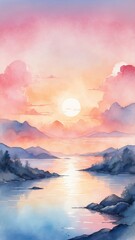 Soft watercolor sunrise background with pastel shades of pink, peach, and blue reflecting on calm water