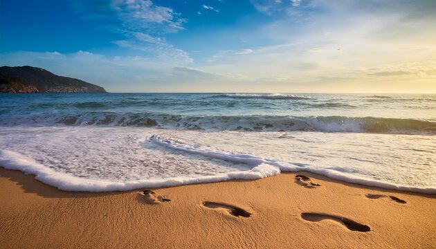 A beach scene with gentle waves and footprints in the sand.