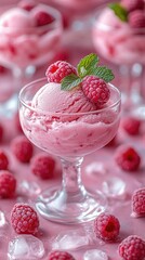 Refreshing raspberry ice cream served in a glass bowl, surrounded by fresh raspberries and ice