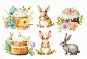 Obraz premium watercolor easter eggs with rabbit, cake, flowers, rabbit, rabbit and eggs isolated on white background