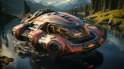 A hovercraft traveling over water and land