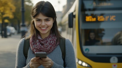 Engaged Woman Smiles While Checking Social Updates on Her Smartphone in an Autumn Cityscape