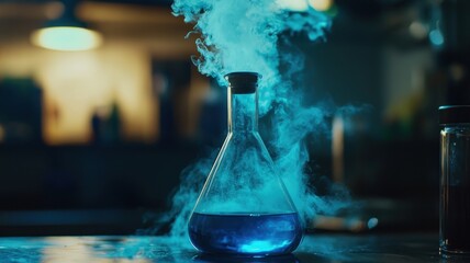 Atmospheric close-up of a laboratory flask with a glowing blue liquid, as mysterious steam rises and casts an ethereal light.

