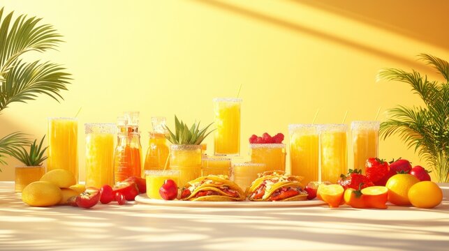 Vibrant array of citrusy treats and drinks, perfect for a sunny day.  Tropical themed display of refreshing juices, fruit, and snacks