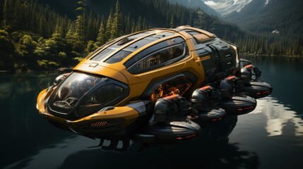 A hovercraft traveling over water and land