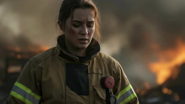 Caucasian woman firefighter with concerned expression watching burning building in background. Dramatic emergency scene depicting female first responder during active fire rescue mission.