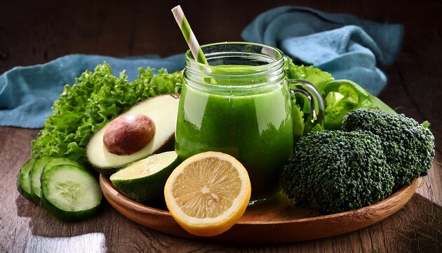 "Bowl of Detoxifying Green Juice Surrounded by Fresh Vegetables"
