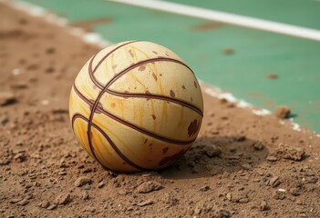 Close-up of a grimy, sweat-stained handball, resting on a dirt-covered court, asphalt,  vintage