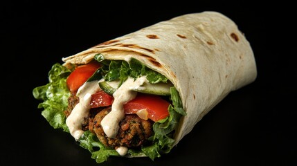 A Delicious Falafel Wrap with Fresh Vegetables and Creamy Tahini Sauce Displayed