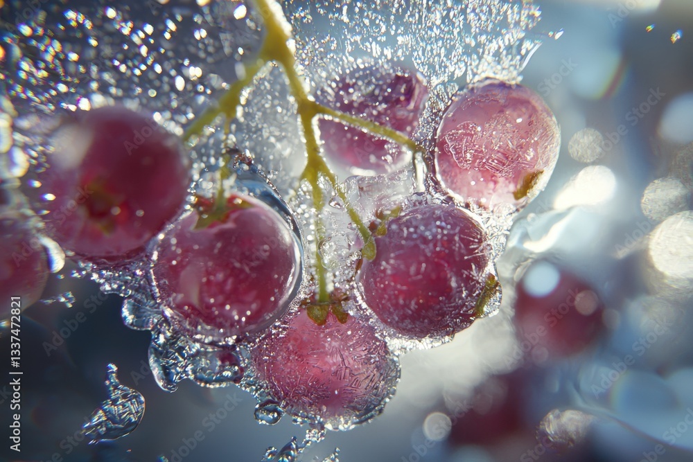 Aufkleber a captivating close-up of frozen red grapes on a vine, encased in ice, creating a sparkling and refr
