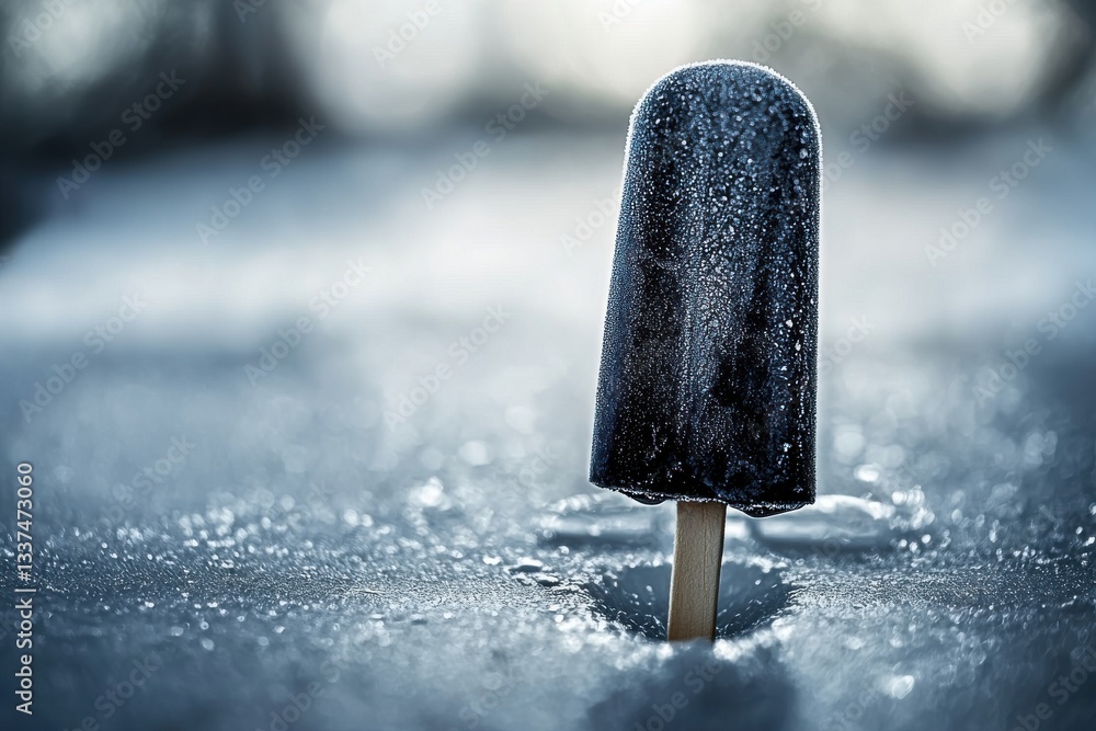 Poster a captivating macro shot of a frosty dark popsicle, covered in ice crystals, melting slightly on a c