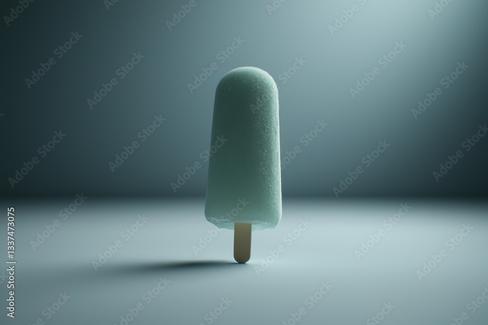 Poster isolated pale blue popsicle with visible ice texture standing upright on a matching pale blue smooth