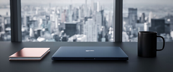 Modern workspace mockup: laptop, notebook, coffee mug on desk, city view background, showcasing clean design, productivity, and professional environment