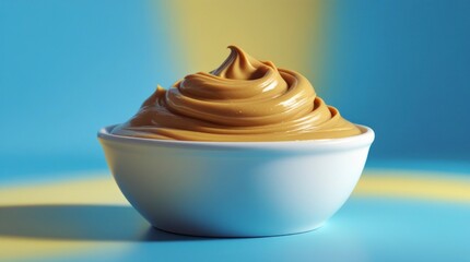 A creamy, golden-brown peanut butter fills a white, ceramic bowl, placed against a vibrant 