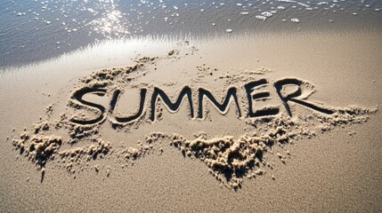 Summer written in sand on a beach near ocean waves.