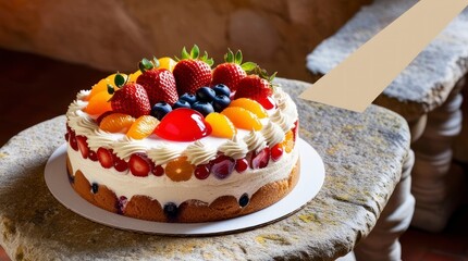 A decadent fruit cream cake sits atop a rustic stone table, adorned with a vibrant jelly topping that glistens in the light