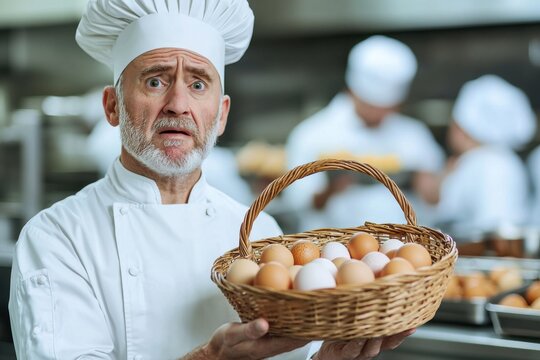 A concerned chef holding a basket of eggs in a professional kitchen, with a worried expression reflecting the challenges of food preparation and supply chain management.