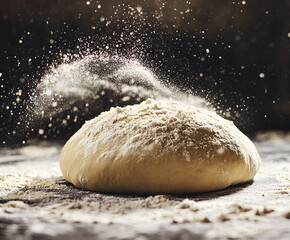 Yeast dough for bread or pizza on a floured surface, with flour splash. Cooking bread. Kneading the Dough. Long banner format